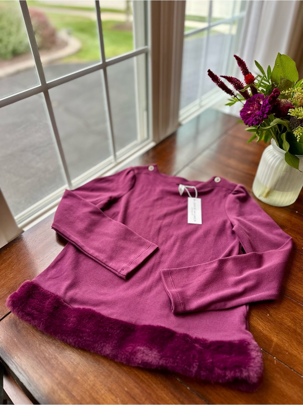 Janie and Jack Plum Button-Shoulder Sweater with Faux-Fur Hem